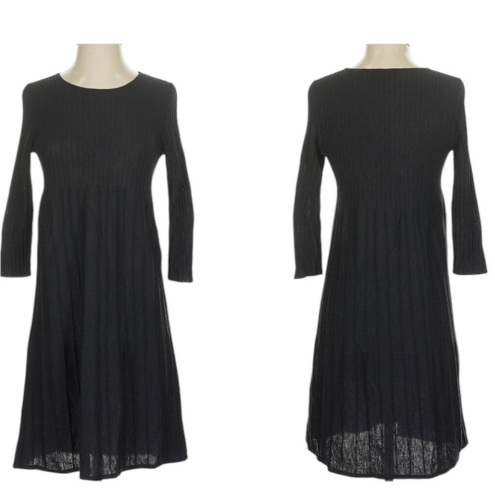 Eileen Fisher Washable Wool Rib Release Pleat Dress Black Size PS